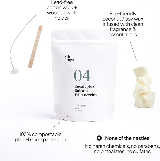 Siblings Essentials, Candle Refill Kit, DIY Candle Kit | No 04: Eucalyptus, Balsam, Wild Berries and No 05: Clove, Lavender, Cedarwood