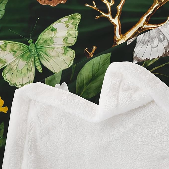 Feelyou Girls Butterfly Fleece Throw Blanket Queen 90"x90" Kids Botanical Leaves Sherpa Blanket Plush Fuzzy for Bed Couch Chair Living Room, Beautiful Flower Bed Blanket Green Room Decor