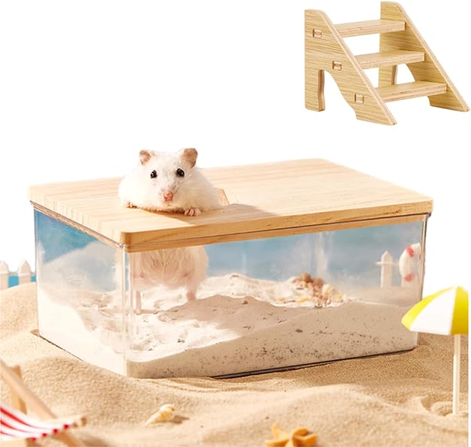Small Animal Sand Bath Box with Climbing Ladder - Geometric Shape Transparent Acrylic Shower Room Pet Digging Sand Container - Suitable for Hamsters Mice Lemmings Gerbils (Medium,Rectangle)