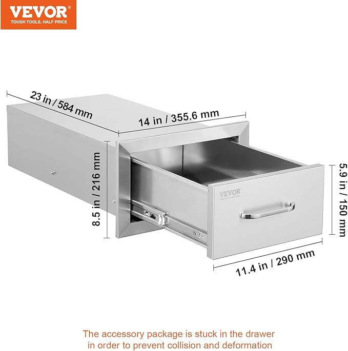 VEVOR Outdoor Kitchen Drawers 14W x 8.5H x 23D Inch, Outdoor Kitchen Cabinets with Stainless Steel Handle, Flush Mount Double Drawers, BBQ Island Drawers, Outdoor Kitchen Access Drawers
