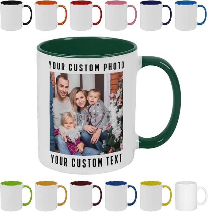 Personalized Coffee Mug with Photo, Logo or Text - Customized Gift Idea for Men & Women, Mom, Dad, Friends - Christmas Birthday Valentines Gifts, Party Favors Tea Cup - White/Dark Green