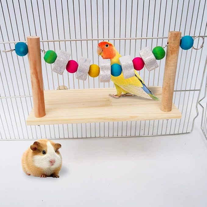 Hamster Wood Ledge Platform with Lava Stone Chew Block, Cage Rest Shelf Climbing Toy for Dwarf Hamsters, Sugar Gliders, Parakeets | Wooden Climb Rest Shelf,Teeth Grinding Toys for Rat Sugar Gliders,Nail Trimming Bird Perch Stand