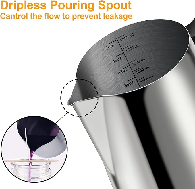 Candle Making Pouring Pot, 1500 ML/50 OZ Candle Pouring Pitcher, 304 Stainless Steel Candle Making Pitcher with Heat-Resistant Handle and Dripless Pouring Spout Design