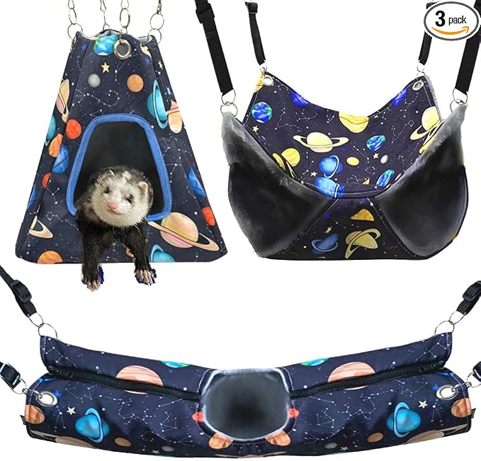Ferret Rat Hammock Tent Hanging Tunnel Cage Accessories Set for Small Pets,Cage Decorations for Ferrets Rats (Galaxy Black)