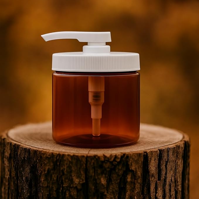 Royal Massage 16oz Refillable Pump Jar with Locking Dip Tube Dispenser – BPA-Free Plastic Container for Massage Oils, Lotions, Creams – Ribbed Lid Wide-Mouth Jar – Durable & Reusable (1, Amber/White)