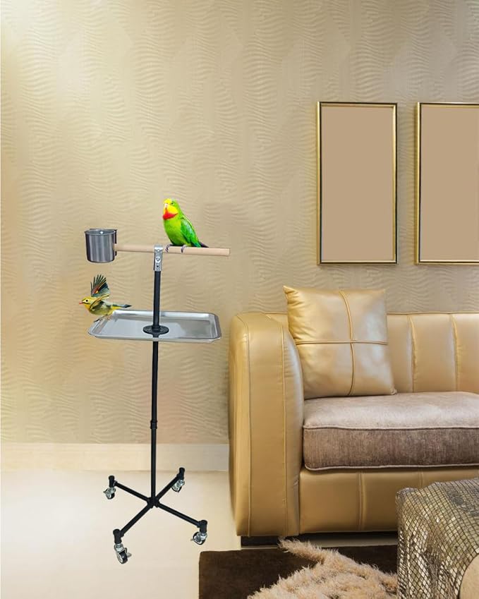 Bird Stand Parrot Stand 2 Stainless Steel Food Bowls | Stainless Steel Tray Including Macaws, Parakeets, Lovebirds, Cockatiels, For Indoor And Outdoor Use Black 42