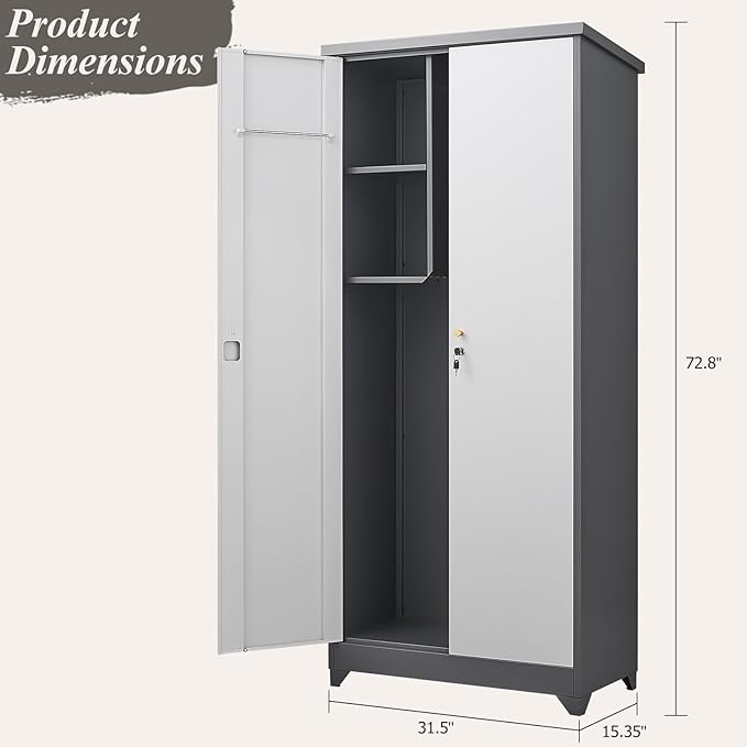 GREATMEET 72.8" Outdoor Broom Storage Cabinet, Metal Storage Cabinets for Cleaning Supplies with Slanted Roof, Waterproof Outdoor Slim Shed,Utility Closet for Broom Mop, Grey&White