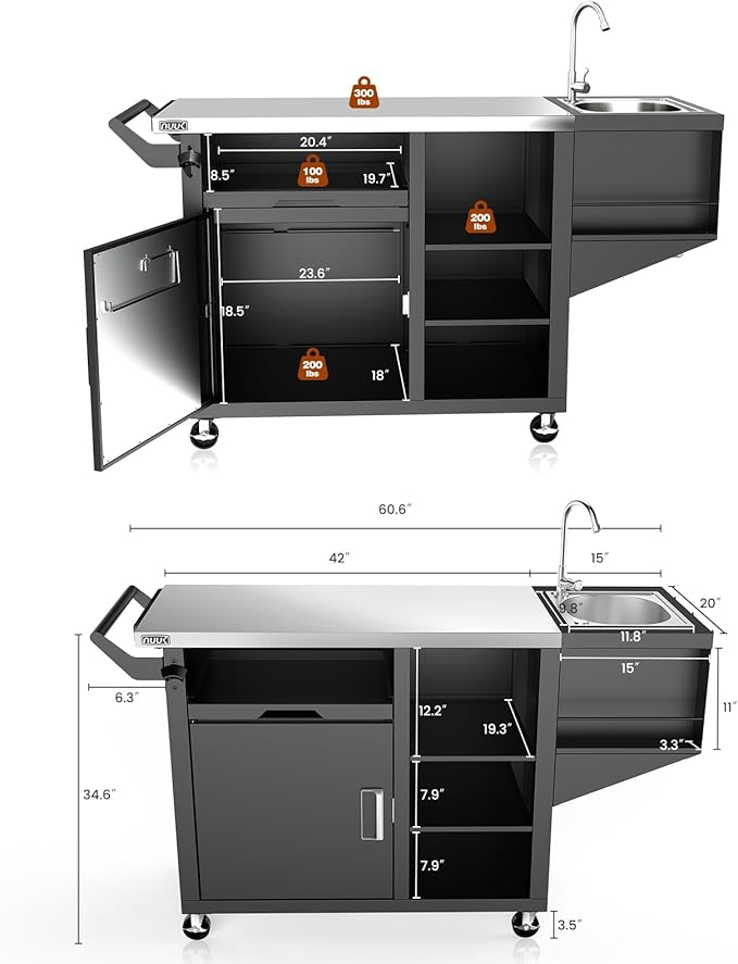 NUUK Outdoor Grill Cart on Wheel, Pizza Oven Table with Sink & Storage, 20"x42" Stainless Steel Prep Table Kitchen Island Cabinet for Backyard BBQ