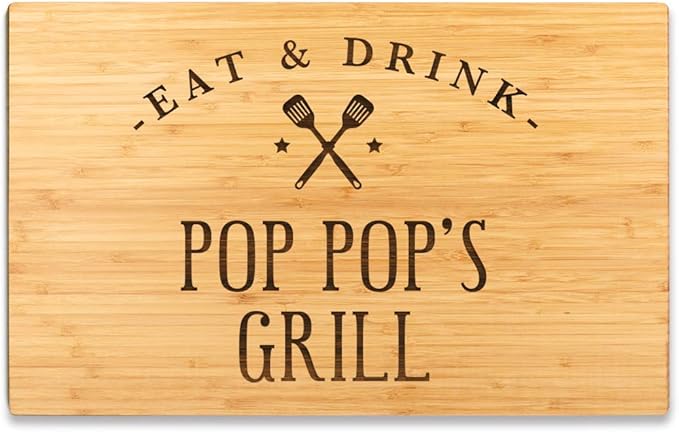 Andaz Press Large Bamboo Wood BBQ Cutting Board Gift, 17.75 x 11-inch, Pop Pop's Grill, 1-Pack, Laser Engraved Serving Chopping Board Christmas Birthday Chef Kitchen Ideas