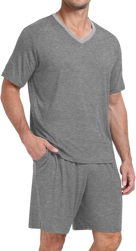 PrinStory Men's Pajama Set Sleepwear Pjs Lightweight Quick Dry Short Sleeve V-Neck Shirts and Shorts Soft Comfy Sleep Sets