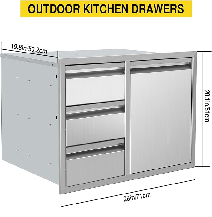 Outdoor Kitchen Drawers Stainless Steel 28W X 20.1H X 19.8D Inch, Flush Mount Triple BBQ Island Drawers with Hidden Handle for Outdoor Kitchens, Patio or Grill Station