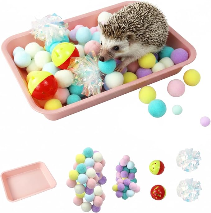 Hedgehog Dig Box Tray, Fun Foraging & Digging Hedgehogs Toy, Includes Rich Colors Balls, Hedgehogs Accessories for Hamsters, Ferrets and Other Small Animals (Pink)