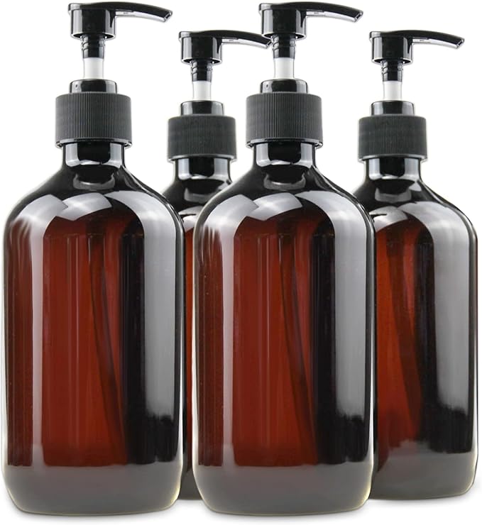 Empty Plastic Bottles with Pump Dispenser and Labels Included, Refillable Travel Containers for Hand sanitizer Shampoo Lotion, etc - BPA/Paraben Free, 500ml/16.9oz (Amber, 4 Pack)