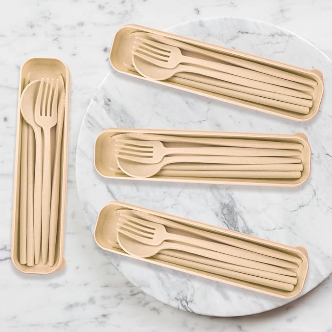 4 Sets Reusable Utensils Set with Case,Camping Cutlery Set Travel Silverware Set with Case Lunch Utensils Set for Work,Utensil Sets for Lunch Picnic Daily Use Outdoor (Beige)