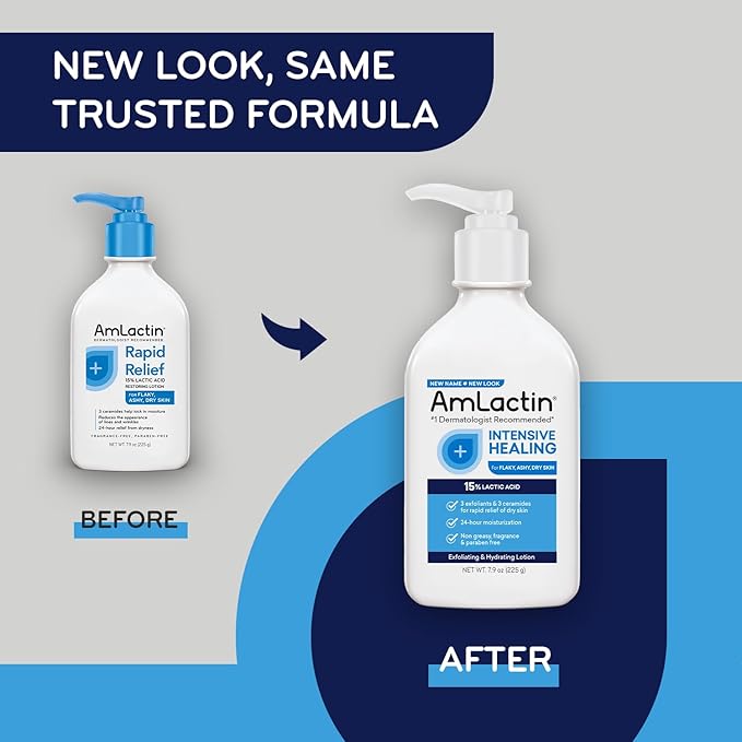 AmLactin Intensive Healing Body Lotion for Dry Skin - 14.1 oz and 7.9 oz Pump Bottles - 2-in-1 Exfoliator & Moisturizer with Ceramides & 15% Lactic Acid