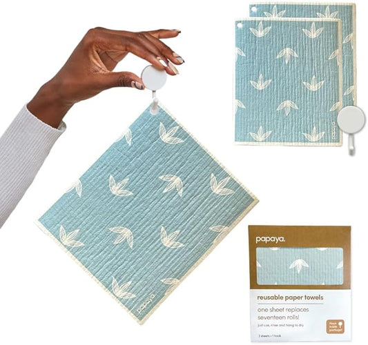 Papaya Reusable Paper Towels, Premium Swedish Dishcloths, Washable Reusable Dish Cloths, 1 Sheet Replaces 17 Rolls, Eco Friendly Stocking Stuffer - 2 Sheets, 1 Hook