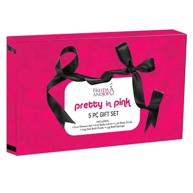 Freida & Joe Fragrance Bath & Body Collection Gift Box, Includes Shower Gel, Body Lotion, Body Scrub, Bath Bomb & Sponge (Pretty in Pink)