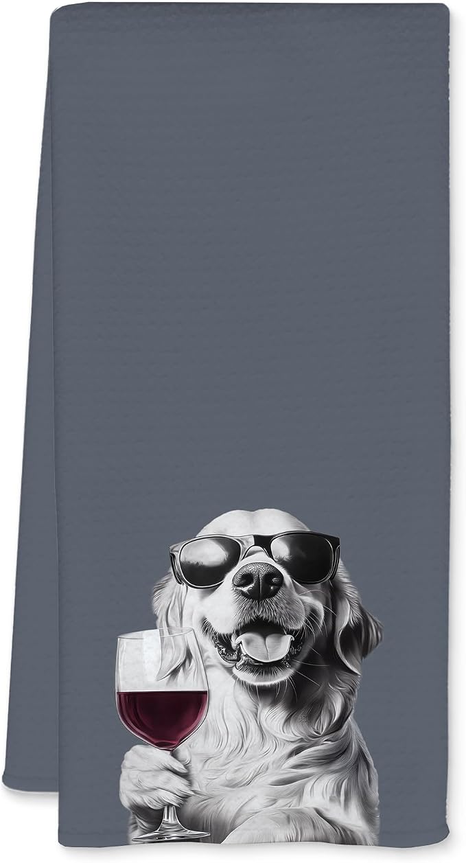 Golden Retriever Decor Kitchen Towels, Golden Retriever Gift Dish Tea Towel for Kitchen Decor, Bar Towels for Bartender, Wine Lover Gifts, 16x24 Inch (Blue)