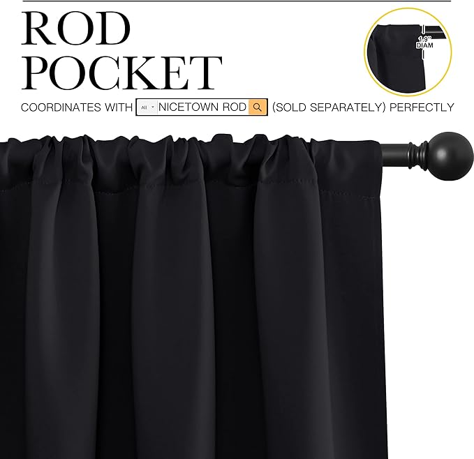 NICETOWN Black Blackout Curtain Blinds - Solid Thermal Insulated Window Treatment Blackout Drapes for Bedroom (2 Panels, 70 inches Wide by 95 inches Long)