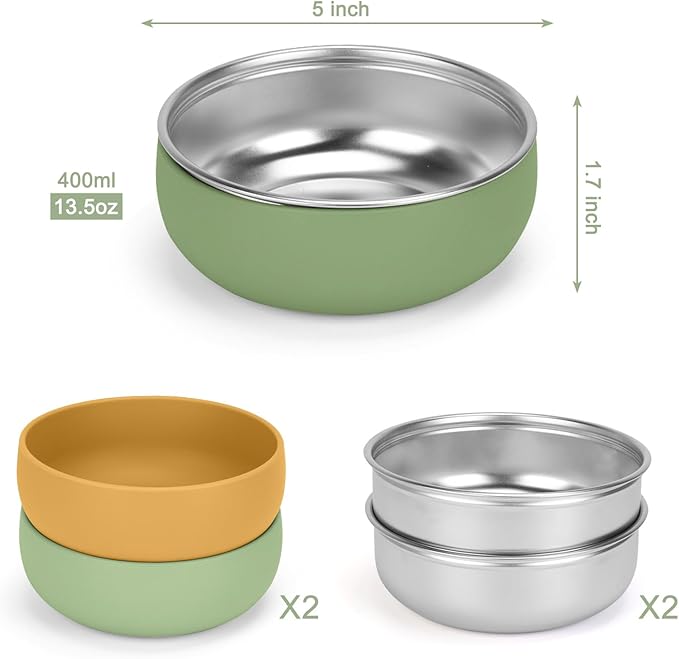 ShineMe Baby Bowls 2 Pack, Stainless Steel Bowls for Kids with Detachable Thick Colored Silicone Shell, Unbreakable Toddler Bowls for Soup, Cereal, Snack...
