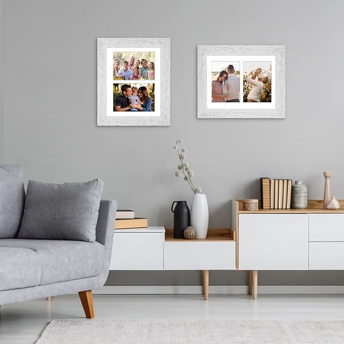 8.5x11 Picture Frame Display 2 opening Double 5x7 Picture Frame Collage,Multi Photo Frame with Mat,Plexiglass,Horizontal and Vertical Formats for Wall Decor,Distressed White Wood Grain