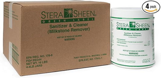 Stera Sheen Green Label 4 Count 4lb Jar | Sanitizer + Cleaner + Milkstone Remover | Cleaner and Sanitizer for Soft Serve + Shake Machines + Ice Maker & Ice Machines | By Purdy Products