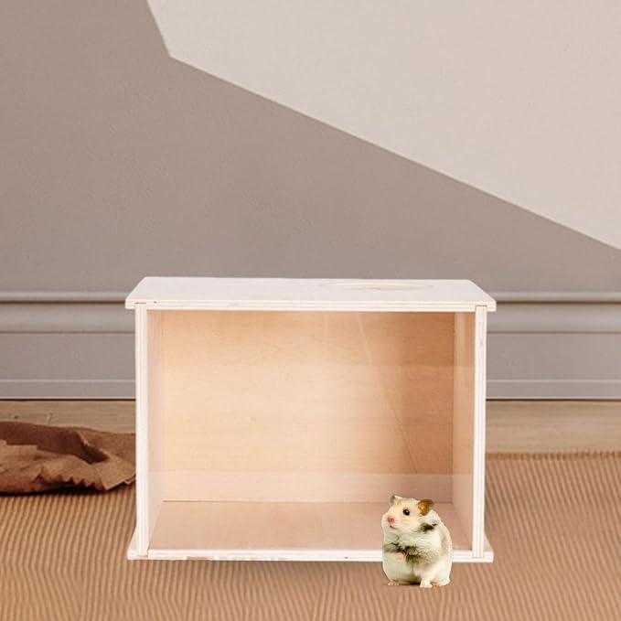 DIY Wooden Hamster Digging Box Enclosure with Transparent Observation Window, Easy Cleaning Multipurpose Stable Structure with Lid for Small Animals- Size M