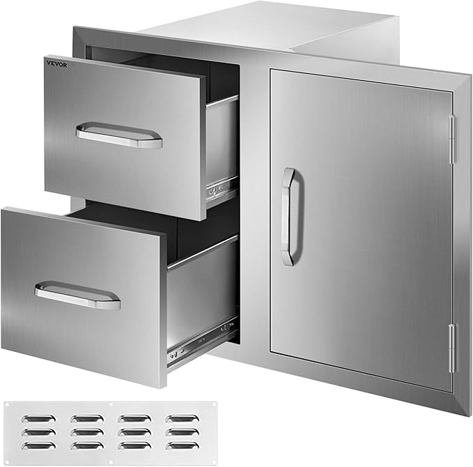 VEVOR Outdoor Kitchen Door Drawer Combo, 32.5" W x 21.6" H x 20.5" D, Access Door/Double Drawers with Paper Towel Rack, Stainless Steel Handles for BBQ Islands