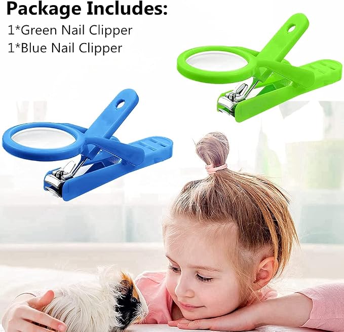 2 Pack Hamster Nail Clippers with Magnifying Glass Stainless Steel Claw Toenail Trimmer for Hedgehog Rabbit Guinea Pig Ferret Hamsters Chinchilla Pet Grooming Supplies (2 Pack (Blue+Green))