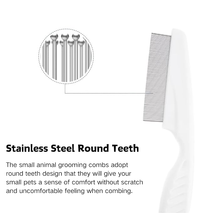 Stainless Steel Rounded Teeth Grooming Comb for Small Pets - Massage and Cleaning Tool for Chinchillas, Ferrets, Guinea Pigs, Rabbits (2 Pack, White)