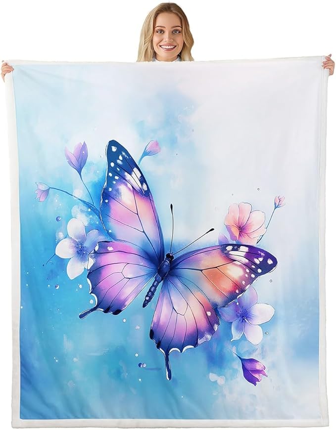 Feelyou Blue Butterfly Fleece Throw Blanket Twin 60"x80" Kids Girls Sherpa Blanket Plush Fuzzy for Bed Couch Chair Living Room, Watercolor Bed Blanket Chic Gorgeous Room Decor