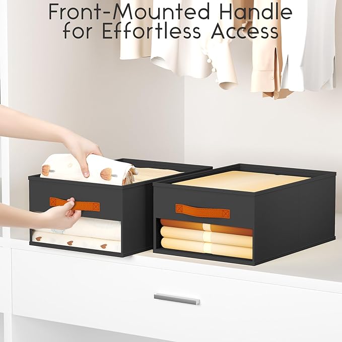 Drawer Organizers and Storage - 6 Pack Foldable Pants Organizer with Clear Window & Handles, Fabric Closet Organizer for Clothes, Jeans, Sweaters, Towels, T-shirt, Scarf (Black)