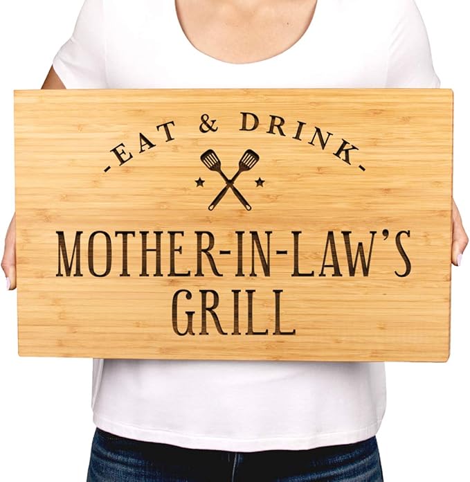 Andaz Press Large Bamboo Wood BBQ Cutting Board Gift, 17.75 x 11-inch, Mother-in-Law's Grill, 1-Pack, Laser Engraved Serving Chopping Board Christmas Birthday Cutting Boards For Kitchen