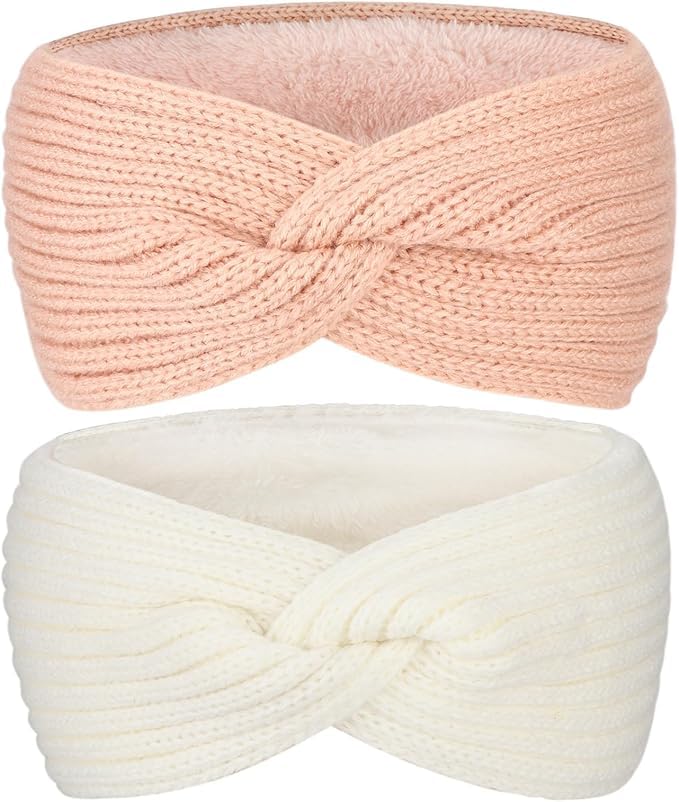 AQOKKA Knit Winter Headbands for Women Fuzzy Wool Fleece Lined Ear Warmers Elastic Turban Crocheted Head Wrap Winter Accessories for Women Cold Weather