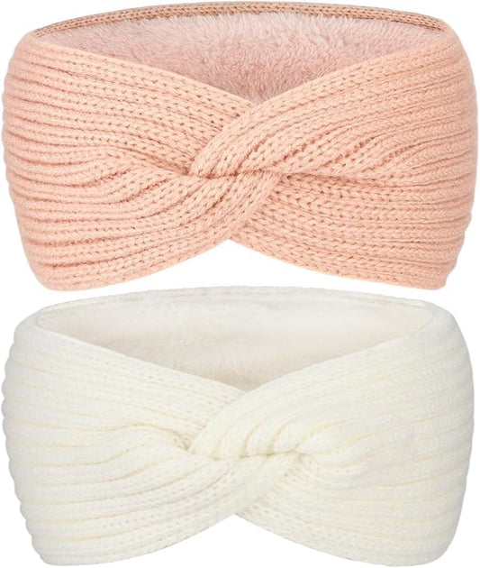 AQOKKA Knit Winter Headbands for Women Fuzzy Wool Fleece Lined Ear Warmers Elastic Turban Crocheted Head Wrap Winter Accessories for Women Cold Weather
