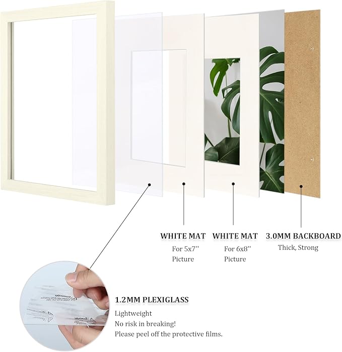 Egofine A4 Picture Frames Set of 4, Made of Solid Wood Covered by Plexiglass 4x6 and 6x8 with Mat or A4 without Mat, for Table Top Display and Wall Mounting Photo Frame Beige