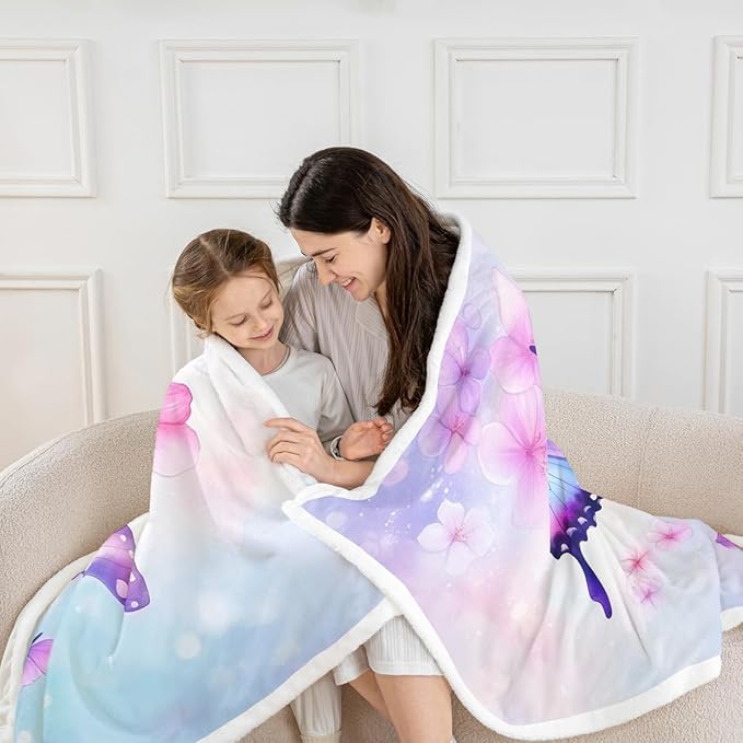 Feelyou Purple Blue Butterfly Fleece Throw Blanket 40"x50" Kids Girls Sherpa Blanket Plush Fuzzy for Bed Couch Chair Living Room, Floral Flower Bed Blanket Cute Watercolor Room Decor