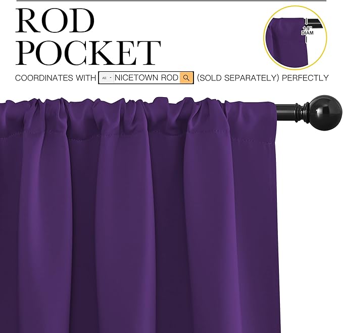 NICETOWN Blackout Curtains for Living Room - Triple Weave Home Decoration Thermal Insulated Solid Rod Pocket Blackout Drapes for Bedroom(Set of 2, 42 x 63 Inch, Royal Purple)
