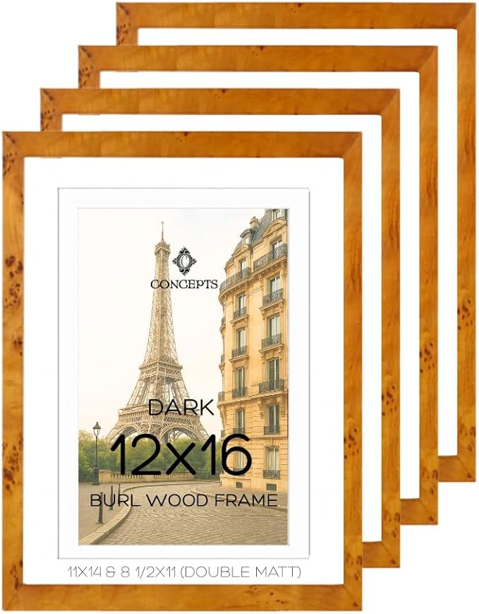 Concepts Set of 4 12X16 Burl Wood Picture Frames with Double Matted (11X14 / 8.5X11), Dark Wood Finish, Eco-Friendly Packaging – Elegant Wallhung Decor for Family Photos