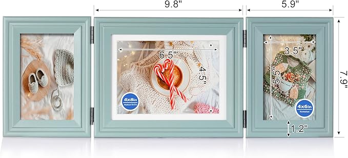3 Vertical Horizontal Hinged Wood Picture Frame 4x6 and 5x7 Triple Folding Photo Frame Home Decor with Real Glass Front in Teal Blue for Tabletop, Display 4x6 with Mat or 5x7 without Mat