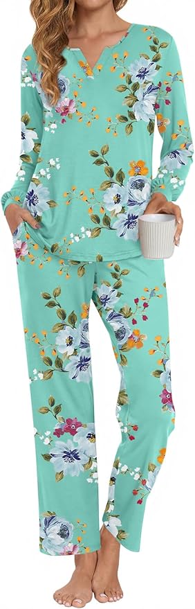 Anyally Women's Plus Size Pajama Sets Ladies Fall Pjs 2 Pieces Lounge Outfits V Neck Long Sleeves Sleepwear with Pockets