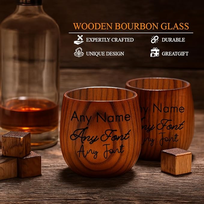 Personalized Wooden Whiskey Glass – Custom Bourbon Tumbler Old Fashioned Cups – Charred Bourbon Cup for Men, Dad, Husband, Brother, Boss – Groomsmen, Birthday, Retirement Gift (Custom Text)