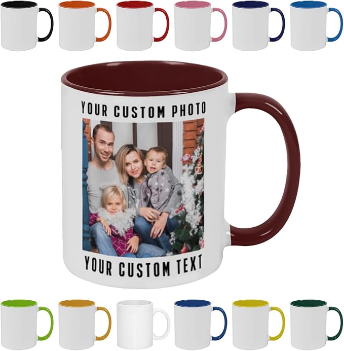 Personalized Coffee Mug with Photo, Logo or Text - Customized Gift Idea for Men & Women, Mom, Dad, Friends - Christmas Birthday Valentines Gifts, Party Favors Tea Cup - White/Maroon