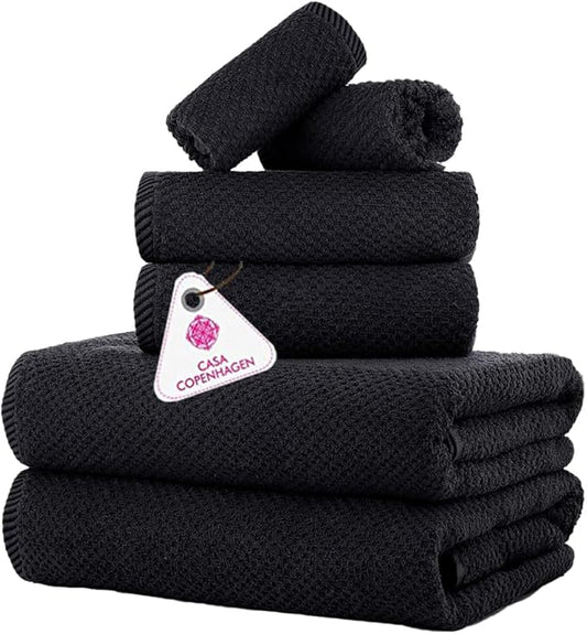 CASA COPENHAGEN Popcorn 6 Pieces Towel Set- Black, 600 GSM 2 Bath Towel 2 Hand Towel 2 Washcloth, Designed in Denmark Made of Soft Egyptian Cotton for Bathroom, Kitchen & Shower