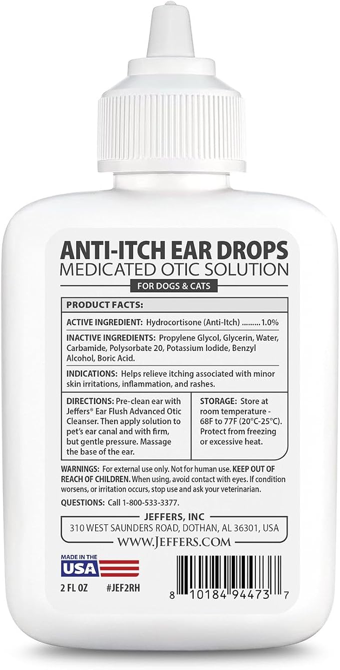 Jeffers Ear Flush and Anti-Itch Ear Drops Bundle for Dogs & Cats, Otic Ear Cleaner with Ketoconazole and Hydrocortisone for Pet Hygiene, Grooming, Ear Wax and Odor Care