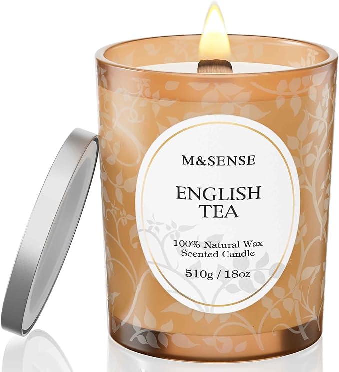 M&SENSE Earl Grey Tea Scented Candle, Cracking Wooden Wick Soy Wax, 18oz 100 Hours Long Lasting Clean Burn, Large Jar Candles for Home Decor, Non-Toxic Relaxing Winter Aromatherapy Gifts for Women