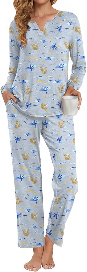 Anyally Women's Plus Size Pajama Sets Ladies Fall Pjs 2 Pieces Lounge Outfits V Neck Long Sleeves Sleepwear with Pockets