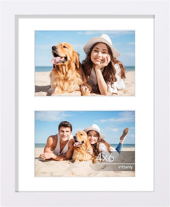 Vittanly 8x10 Collage Picture Frame, Displays 2Pcs 4x6 Pictures with Mat or 1Pcs 8x10 without Mat, Photo Frame for Wall Mounting or Table Top with Stand, White, 1 Pack