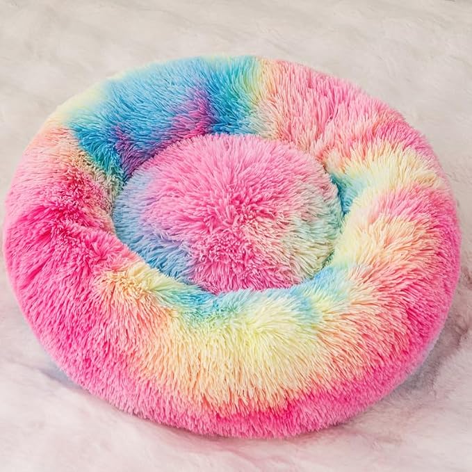 Donut Cat Bed for Indoor Cats,20" Rainbow Calming & Orthopedic Pet Bed - Plush Round Dog Bed with Non-Slip Bottom, Machine Washable for Cats, Small Dogs & Pets Up to 18lbs