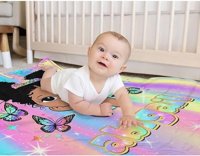 D-Story Custom Blanket with Name Text, Personalized Flannel Throws for Black Girls - Customized Gift for Kids
